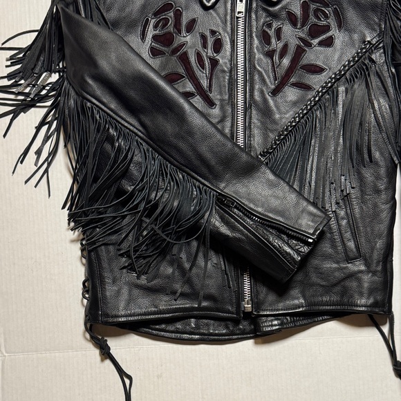 Rose Suede Inlay Black Leather Fringe Braided Moto Biker Jacket High Quality M/L - Picture 5 of 16